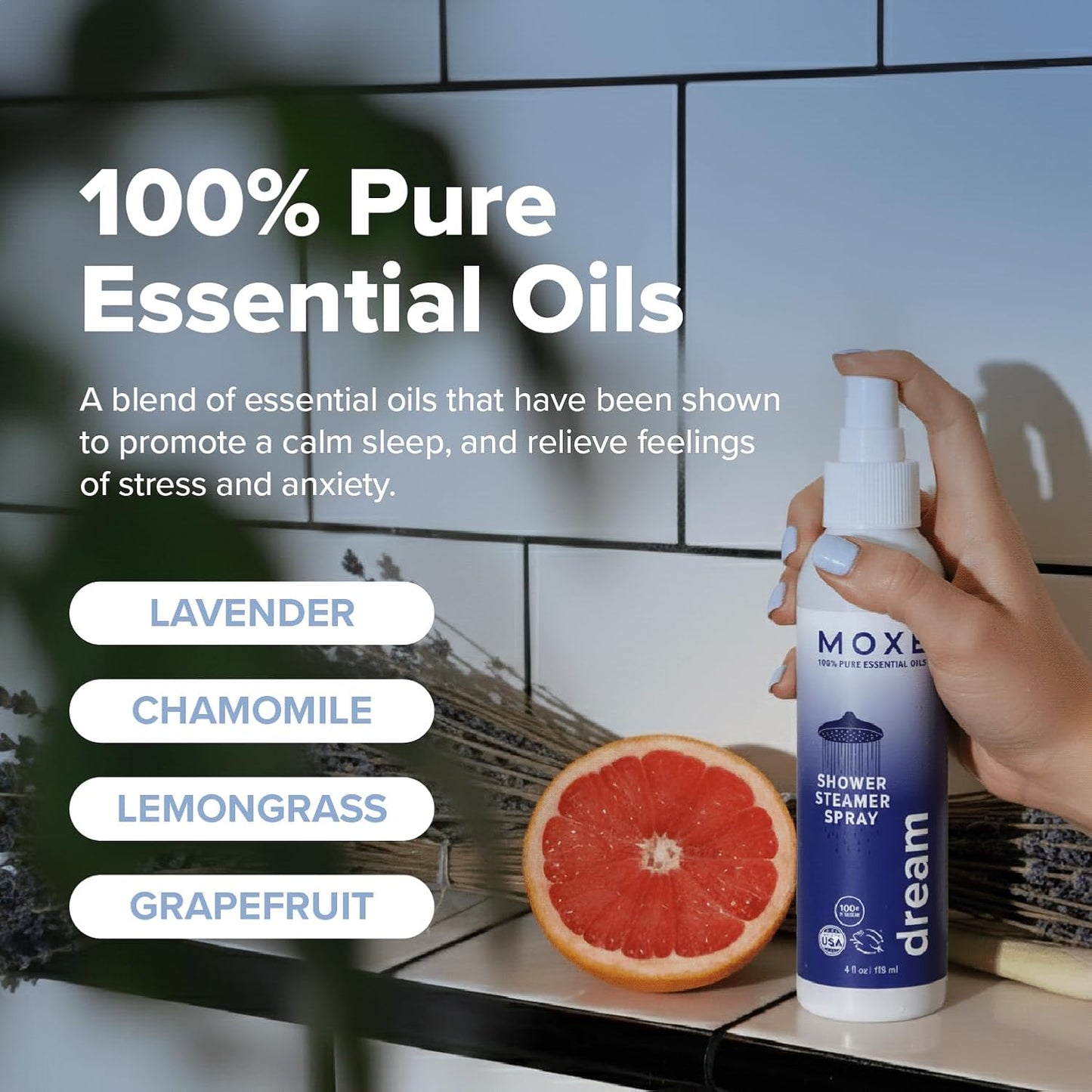 MOXĒ Dream Lavender & Chamomile Shower Mist, Spa Steam Spray, Certified Natural Essential Oils, Aromatherapy, Tension Relief, USA Made, 4 Ounces