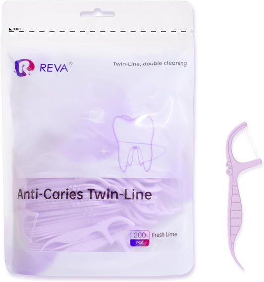 Reva Anti-Caries Twin-Line Dental Floss Picks - 200 Count (Pack of 1), Fresh Lime Flavour Toothpicks, Teeth Cleaning Sticks
