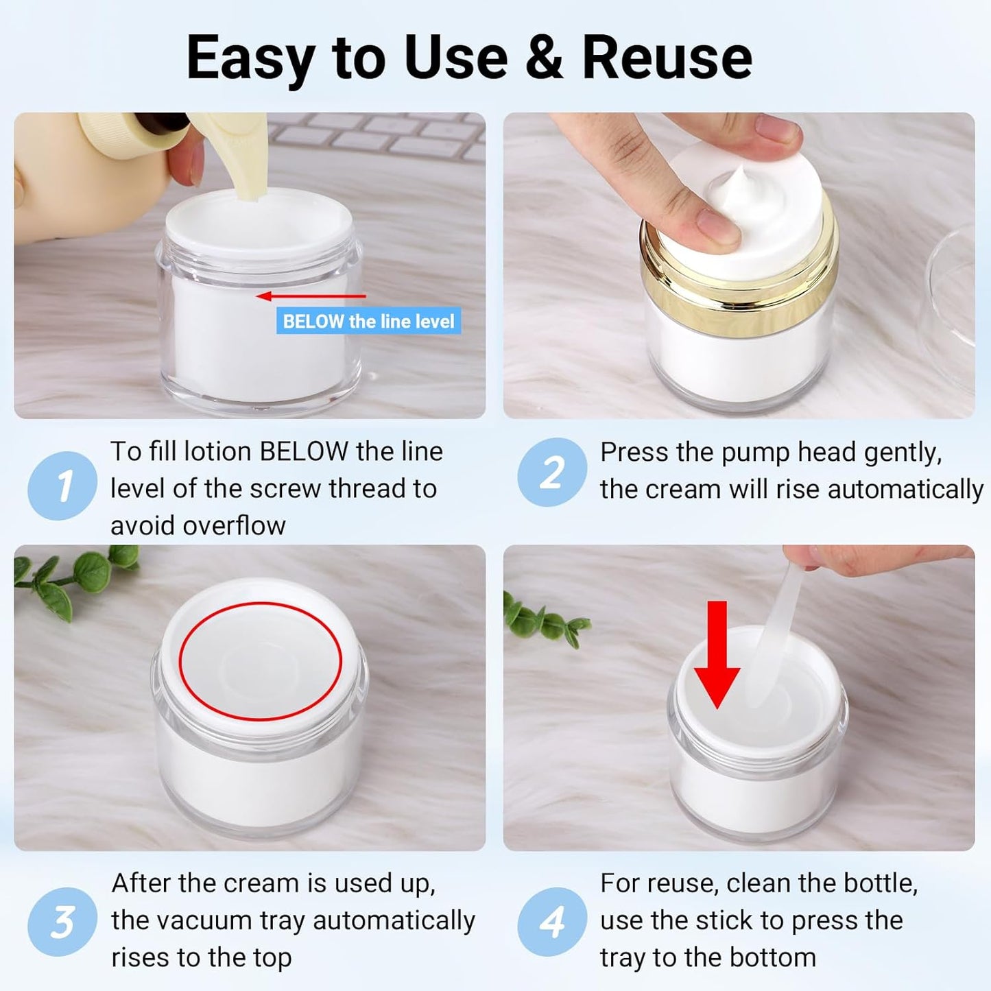 Segbeauty 50ml Airless Pump Bottles Travel, 1.7oz Airless Pump Jars Pack of 3 Gold Empty Makeup Containers Vacuum Bottle Dispenser, Refillable Jar Travel Bottles for Toiletries Moisturizer Container