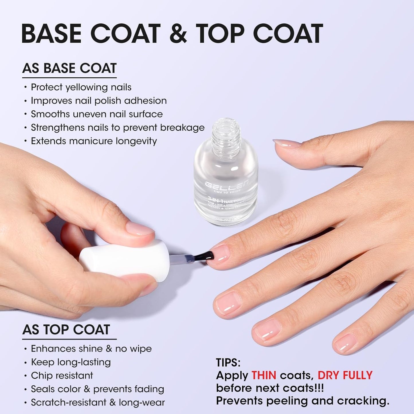 GELLEN 3-In-1 Clear Nail Polish Base Top Coat, Nail Strengthener Growth, Breathable Nail Polish, Treatment For Damaged Dry Nails, Keratin & Vit E, Air Dry, Hema Free, Non-toxic, Anti-yellowing