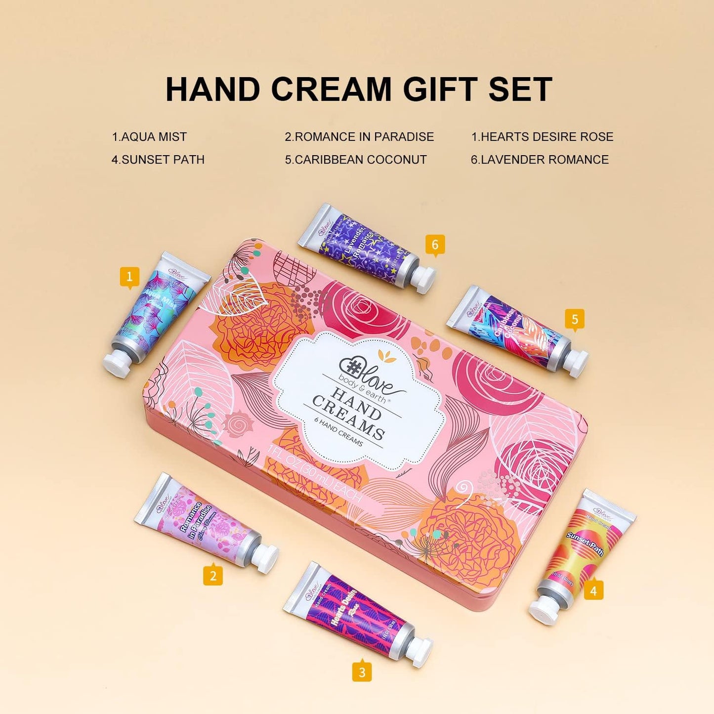 BODY & EARTH # LOVE Hand Cream Set Hand Lotion Gift Set for Women, 6-Pack of Travel Size Hand Lotions, Enriched with Shea Butter for Nourishing Dry Hands, Birthday Gifts for Christmas
