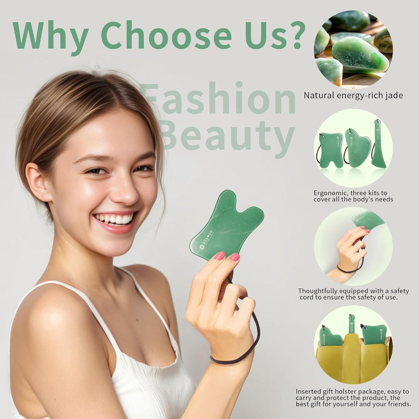 Gua Sha Tools 3 Pcs Natural Jade Gwashah Stone Instead of Stainless Steel Gua Sha Kit Anti-Drop Design, Smooth Massage Stones for Face,Neck,Jaw and So on Spa Tool for Everyone