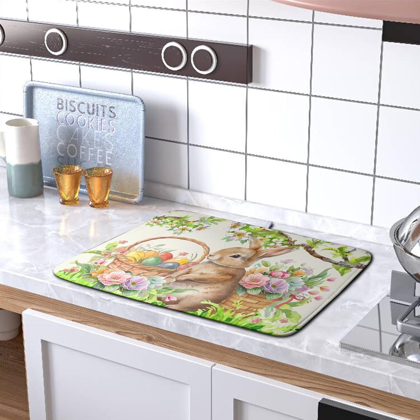 Easter Egg Bunny Dish Drying Mat for Kitchen Counter Floral Flower Basket Drying Mats Absorbent Dish Pad Spring Summer Holiday Large Dish Draining Mat 18x24 inch