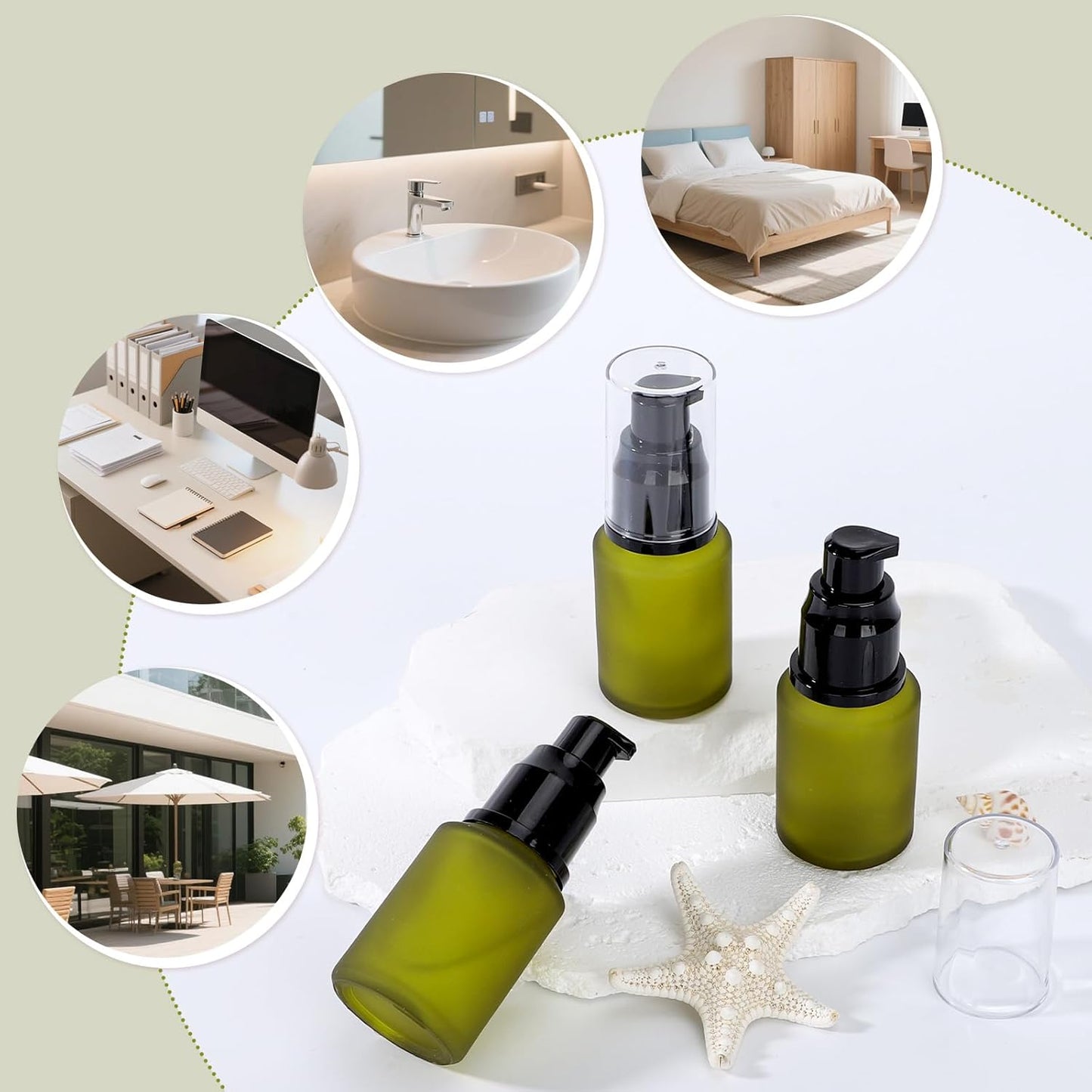 Segbeauty 1oz Frosted Glass Empty Travel Size Bottles for Creams, 3pcs Refillable Lotion Pump Bottle Dispenser, 30ml Liquid Travel Containers, Green Mini Lotion Container Foundation Pump Dispensers