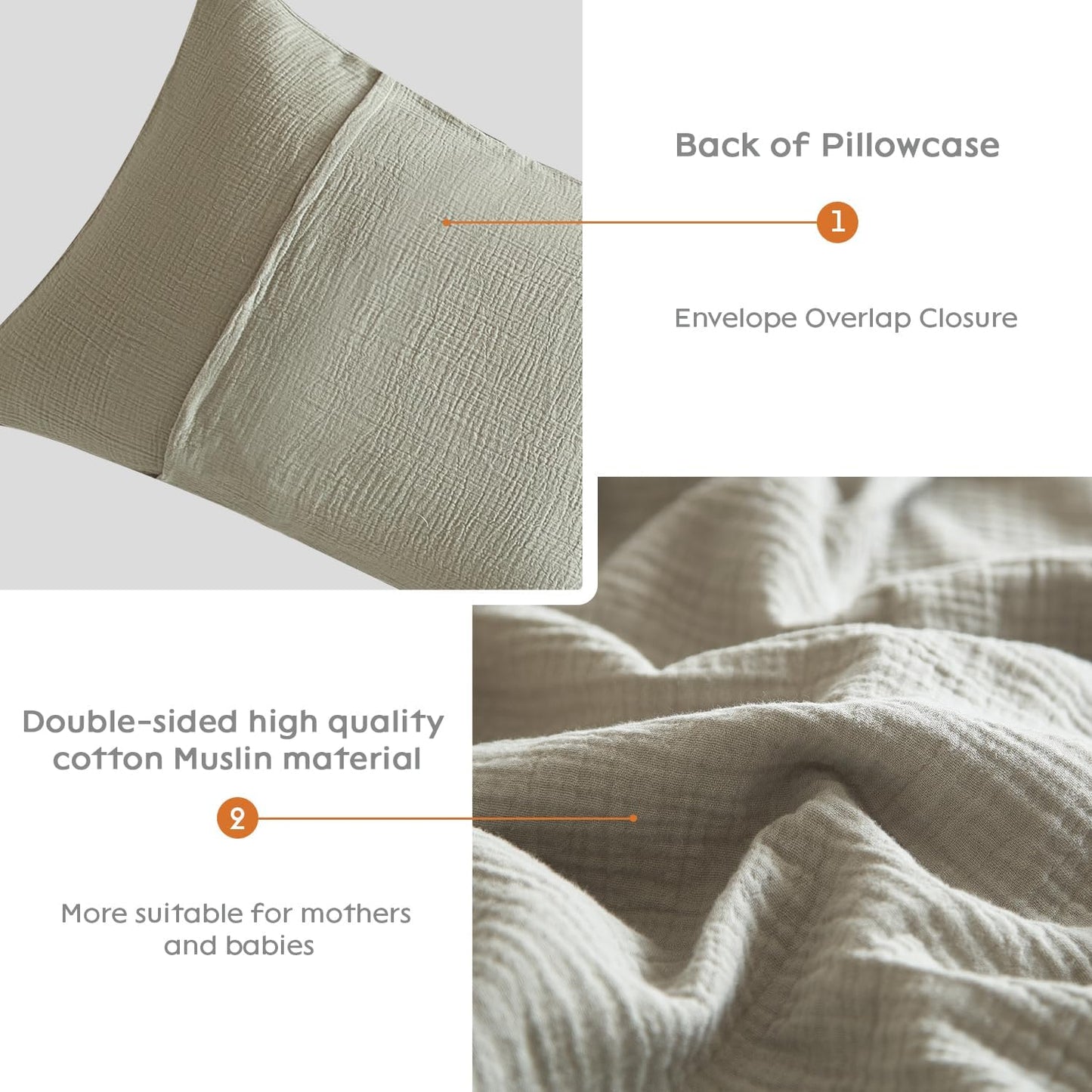 SE SOFTEXLY Muslin Pillowcases King Size 100% Cotton, 2 Pack Linen Like Pillow Shams with Envelope Closure, Ultral Soft and Breathable Pillow Case Covers, Smoky-Green, 20" X 36", No Filling