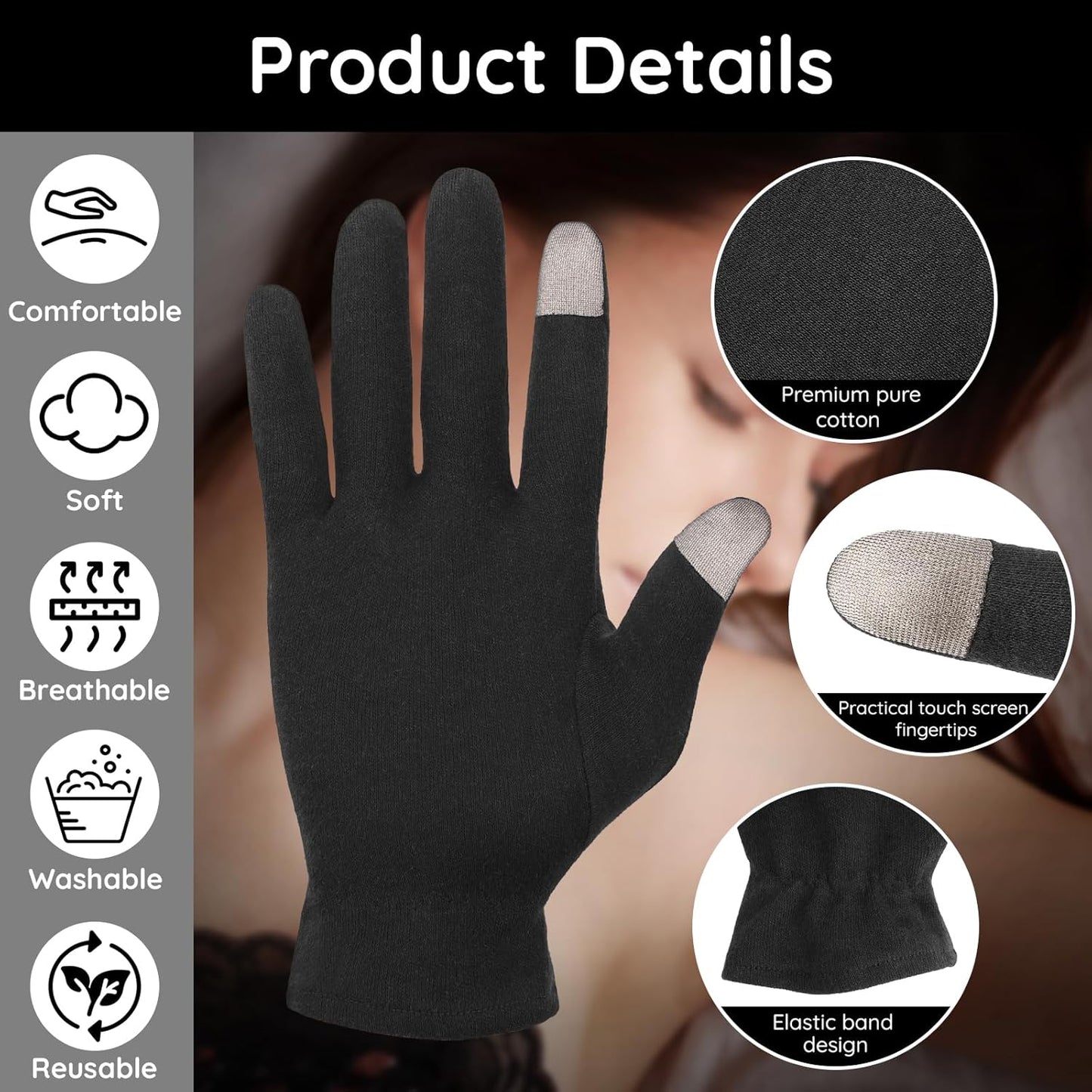 Segbeauty 20 Counts Elastic Touch Screen Black Lotion Gloves Overnight for Sleeping, 10 Pairs Moisturizing Cotton Gloves for Men with Elastic Band, Dry Hand Spa Gel Cotton Work Glove for Women Bulk