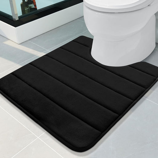Buganda Memory Foam U-Shaped Contour Toilet Rugs, Non Slip Absorbent, Thick Soft Washable Bathroom Mat, Floor Carpet Bath Rugs Mat for Toilet Base (24" x 20", Black)
