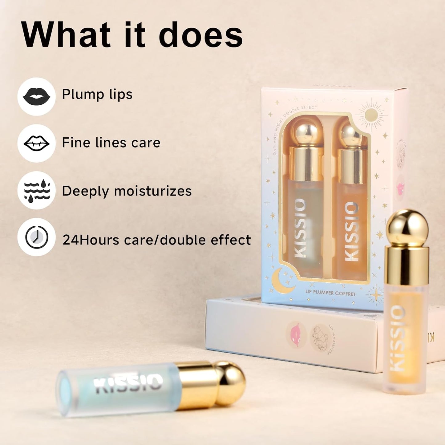 KISSIO Plumping Lip Gloss,Plumping,Moisturize and Elasticity,Lip Plumper and Lip Care for Day and Night Use,with Ginger,Peppermint and Jojoba Oil,Clear,10 ml