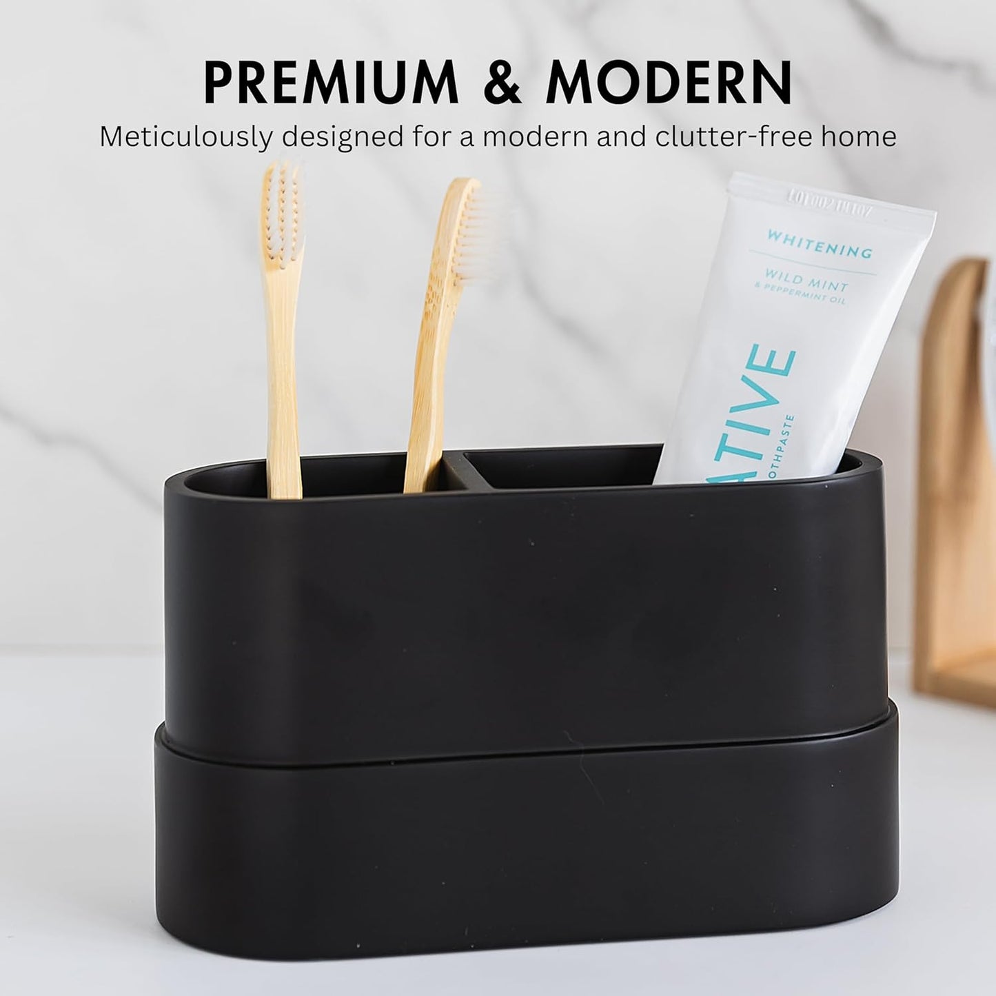 Matte Black Large Toothbrush and Toothpaste Holder and Cup for Bathroom Vanity and Countertop, 2 Compartment Organizer for Electric Toothbrushes, Floss, Razors, Cotton, and Mouthwash - YEW DESIGN