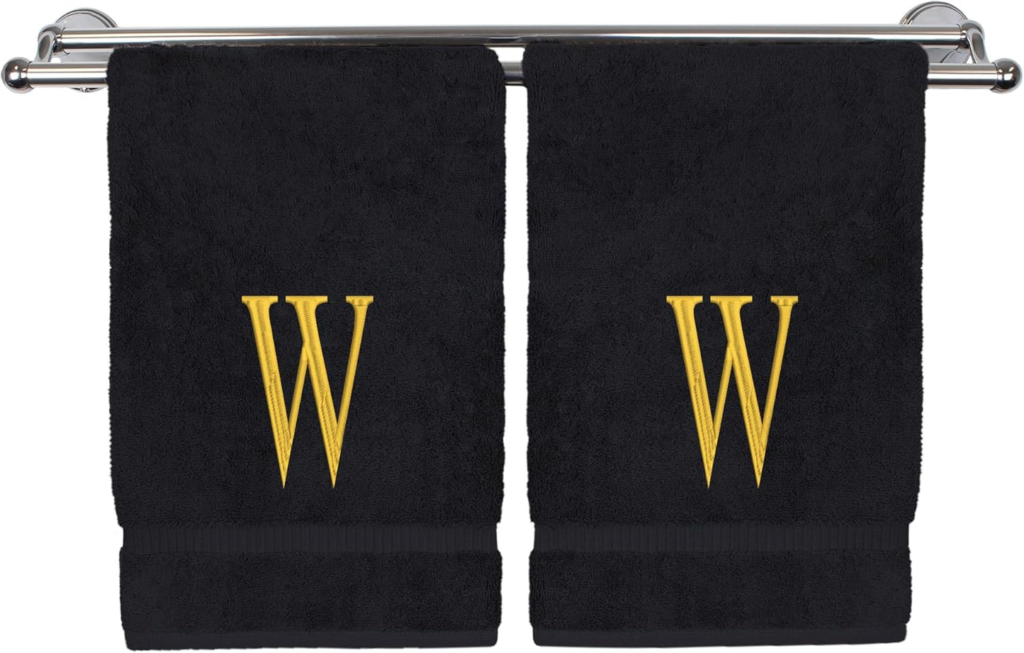Monogrammed Hand Towel, Personalized Initial Gift, Extra Absorbent 100% Turkish Cotton - Soft Terry Finish - Set of 2 - Gold Block Initial W - Embroidered on Black Towels