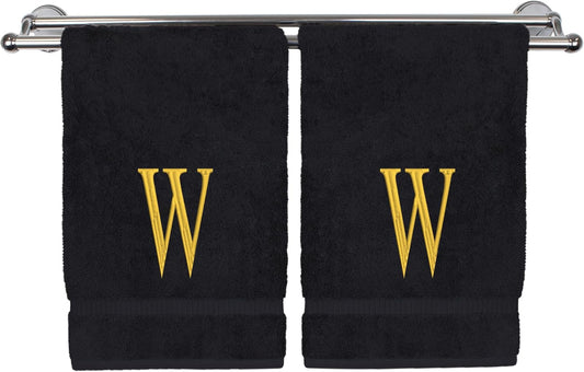 Monogrammed Hand Towel, Personalized Initial Gift, Extra Absorbent 100% Turkish Cotton - Soft Terry Finish - Set of 2 - Gold Block Initial W - Embroidered on Black Towels