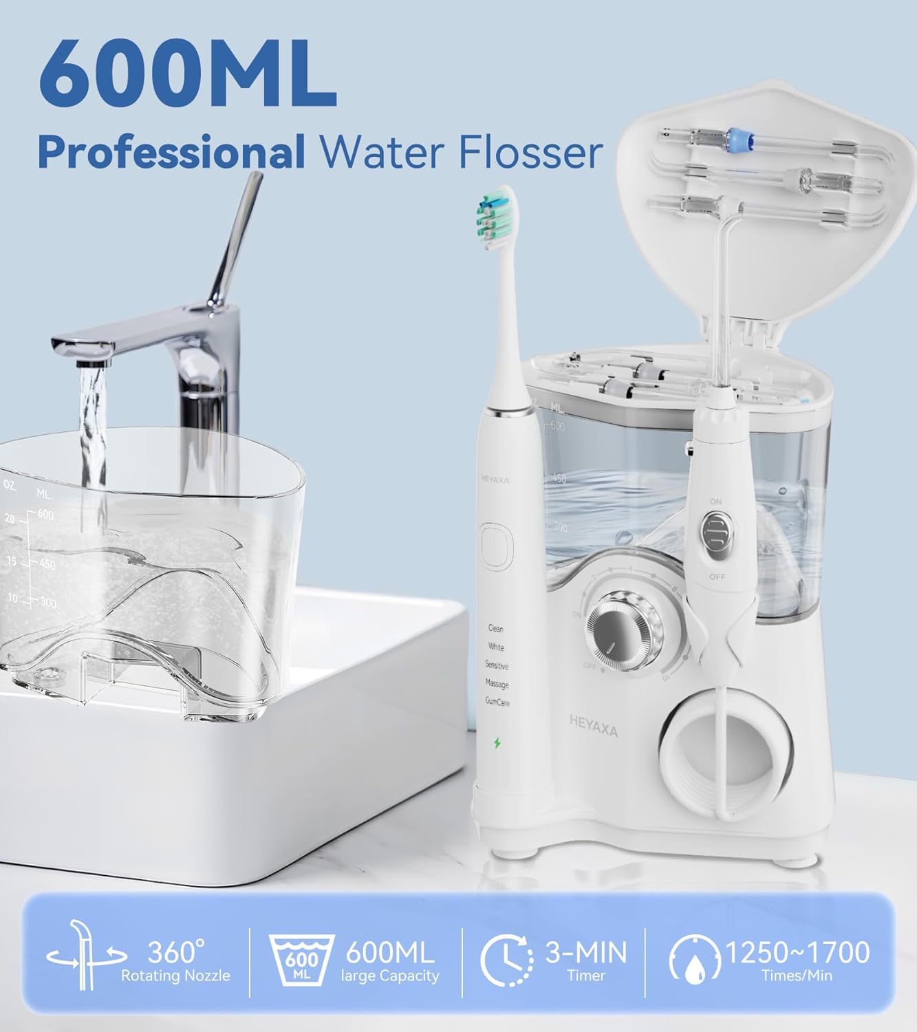 Water Flosser & Ultrasonic Electric Toothbrush Combo, 600ML Water Dental Flosser with 7 Jet Tips, 10 Adjustable Water Pressure, 5 Toothbrush Heads for Home Use, Gums, Braces (White)
