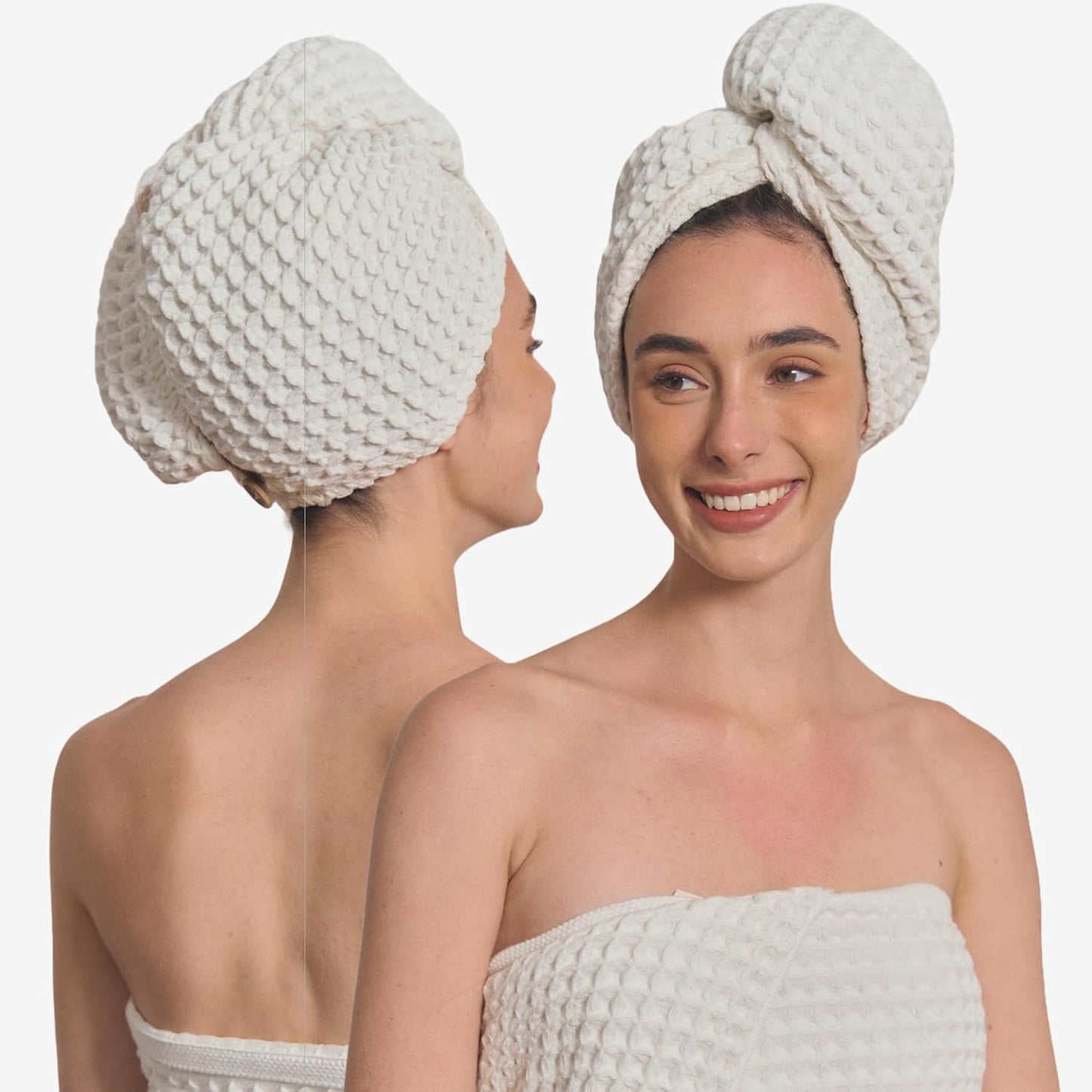Hair Towel | 100% Cotton Silk Hair-Drying Waffle Wrap Turban for Women, Ultra-Absorbent, Anti Frizz, Hair Damage Protection for Straight and Curly Hair (Shell White, 1 Pack)