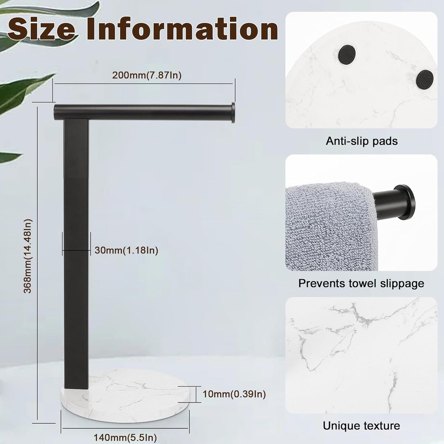 Hand Towel Holder Stand for Bathroom, L- Shaped Standing Hand Towel Rack, Towel Bar Kitchen Vanity Countertop Organizer, SUS304 Stainless Steel Material (Marble Base, Matte Black)