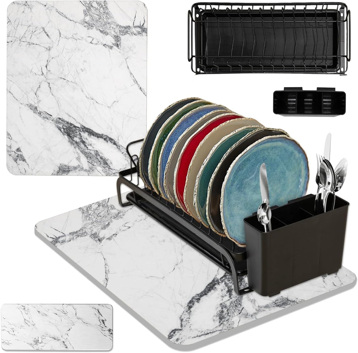 AquaTerra Diatomaceous Earth Drying Mat with Matching Sponge Caddy & Dish Rack | 3-Piece Set (White Marble, Large) | Heat-Resistant & Multi-Purpose for Drying and Kitchen Organization