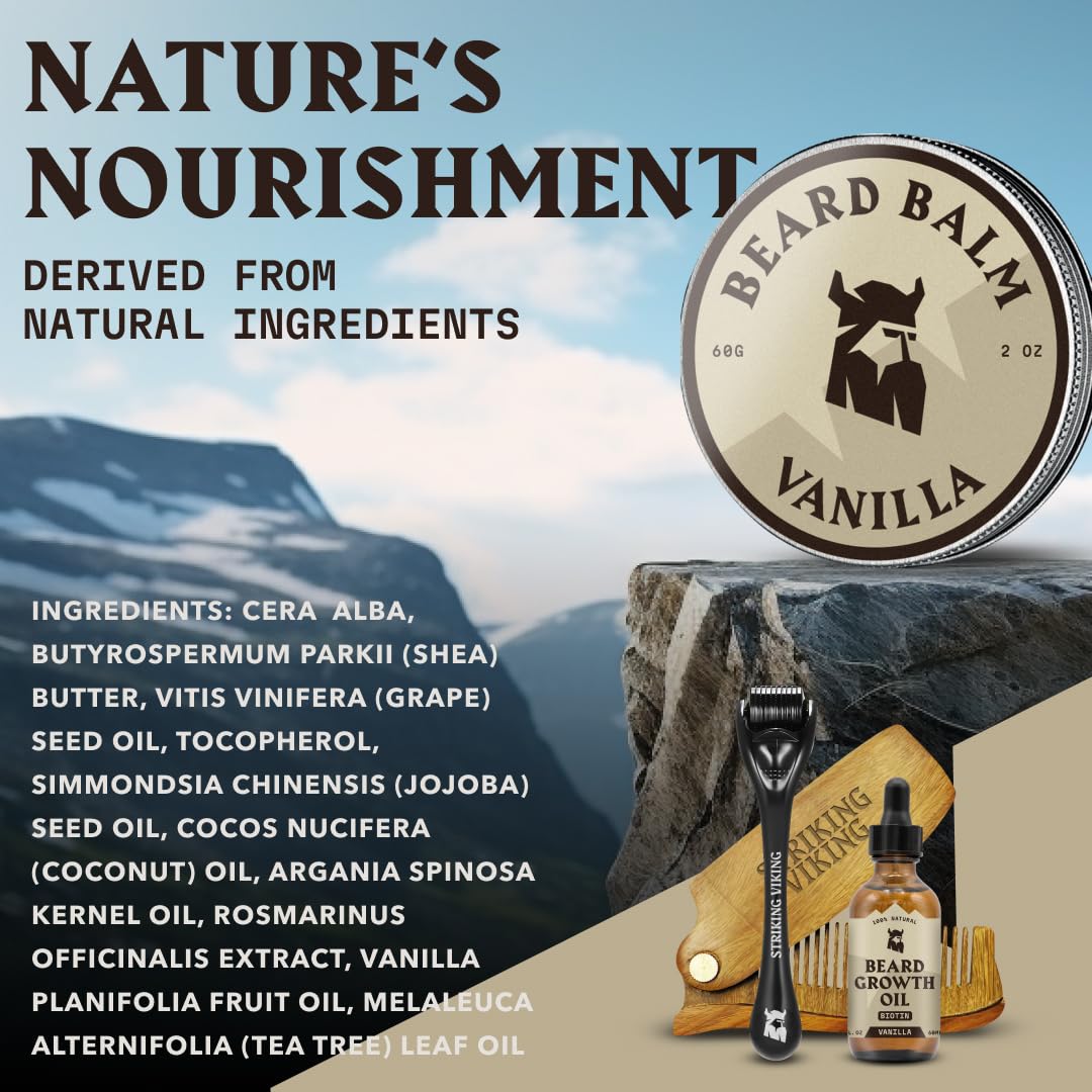 Striking Viking Beard Balm for Men - 2 oz, Vanilla Scent - Light Hold Moisturizer That Softens & Nourishes Coarse Facial Hair with Shea Butter & Tea Tree Oil