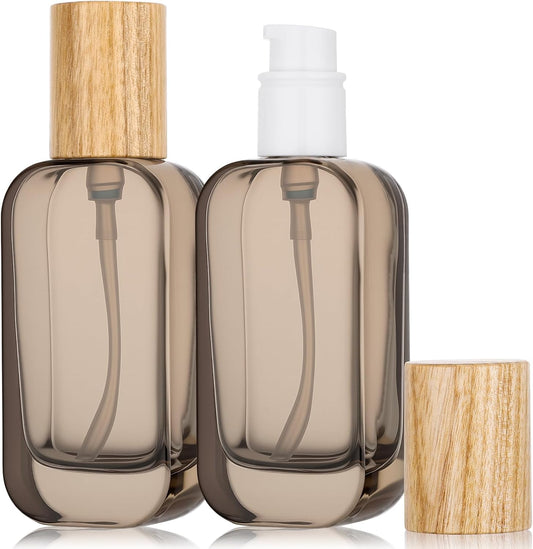 Segbeauty 1.7oz Empty Glass Travel Size Containers, 2pcs Glass Lotion Travel Pump Bottle Refillable, 50ml Black Lotion Pump Dispenser Leakproof, Silver Mini Sample Bottles for Cream Essential Oils