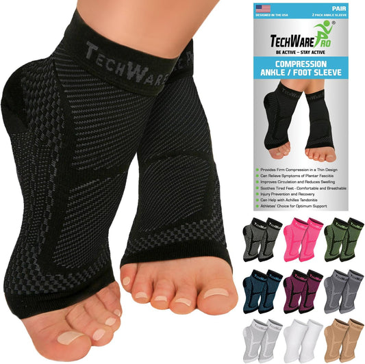 TechWare Pro Ankle Brace Compression Sleeve - Plantar Fasciitis Sock. Relieves Achilles Tendonitis. Foot Arch Support Reduces Joint Pain, Swelling & Heel Spur Pain. Injury Recovery Braces for Sports