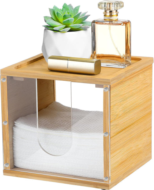 Chunful Disposable Face Towel Holder Box with Bamboo Lid, Acrylic Cosmetic Facial Towel Storage Container for Disposable Makeup Wipes Bathroom Vanity Countertop(Magnetic Connection)
