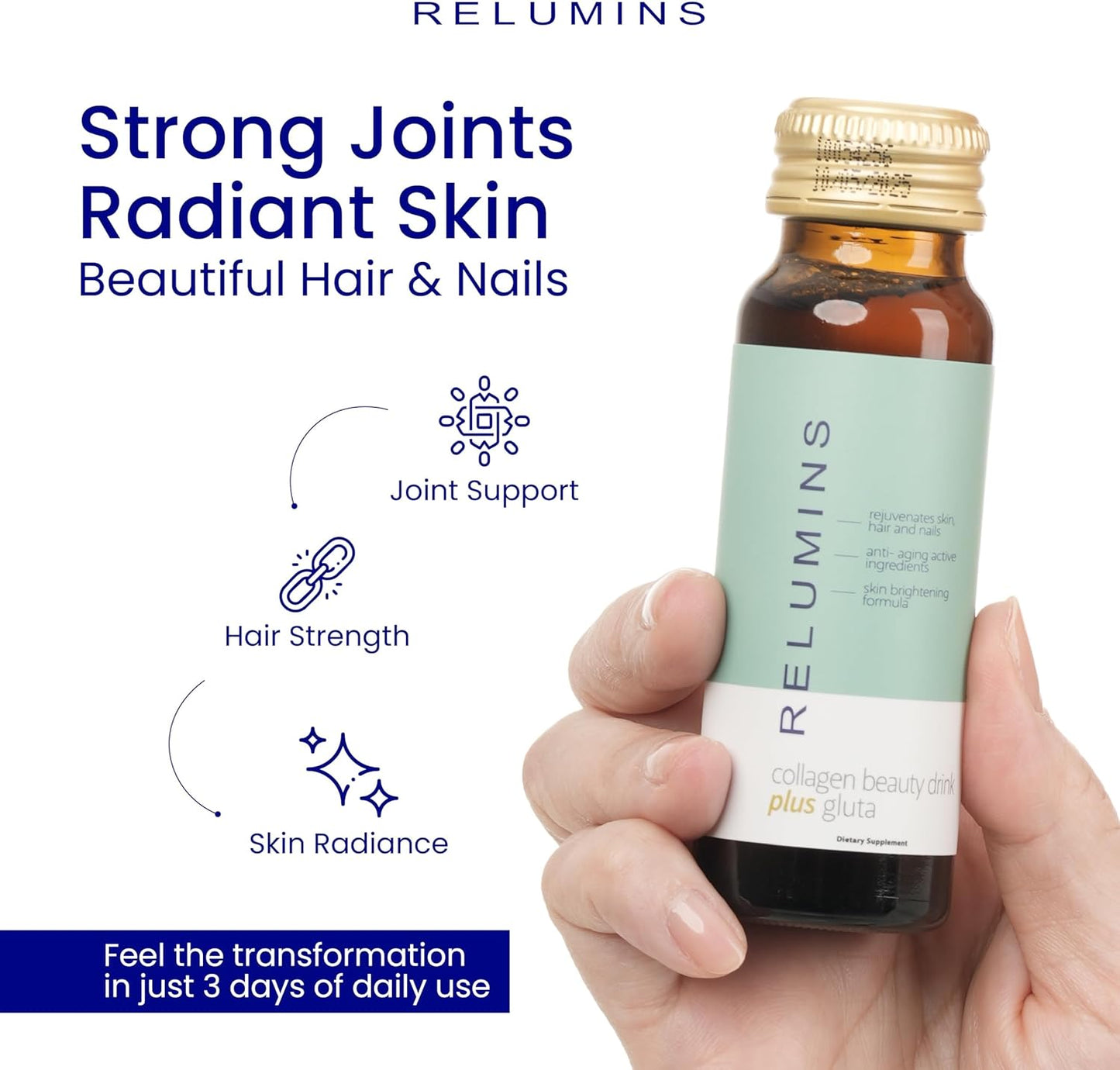 Relumins Advanced Collagen Beauty Drink with Glutathione, Hyaluronic Acid & Antioxidants - Post-Summer Skin Recovery & Made in USA - Apple Flavor - 10 Bottles x 50mL