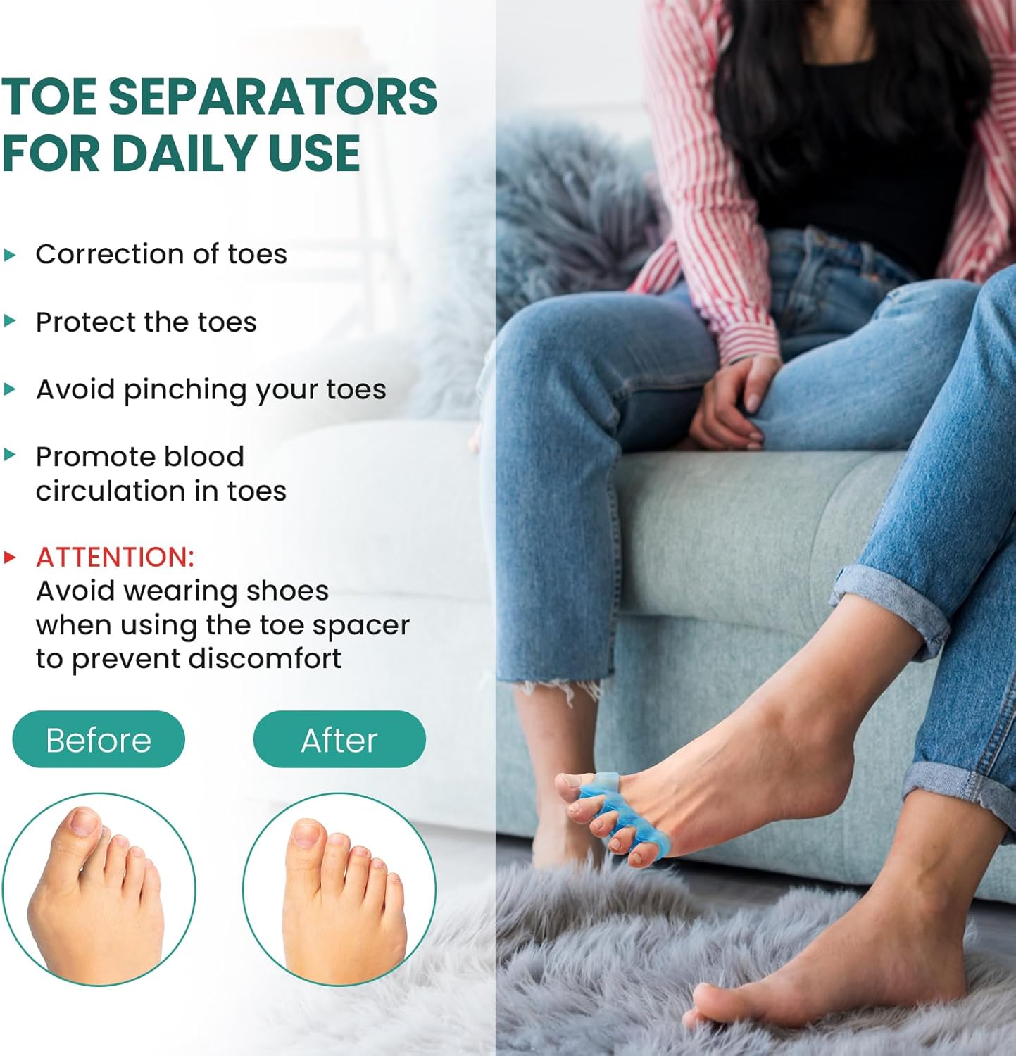 Welnove Toe Separators Spacers for Women - 4 Pack Gel Toe Straightener to Correct Bunions and Relieve Foot Pain - Silicone Toe Spacers for Toe Overlapping Yoga Practice, Non-Slip Design, Blue