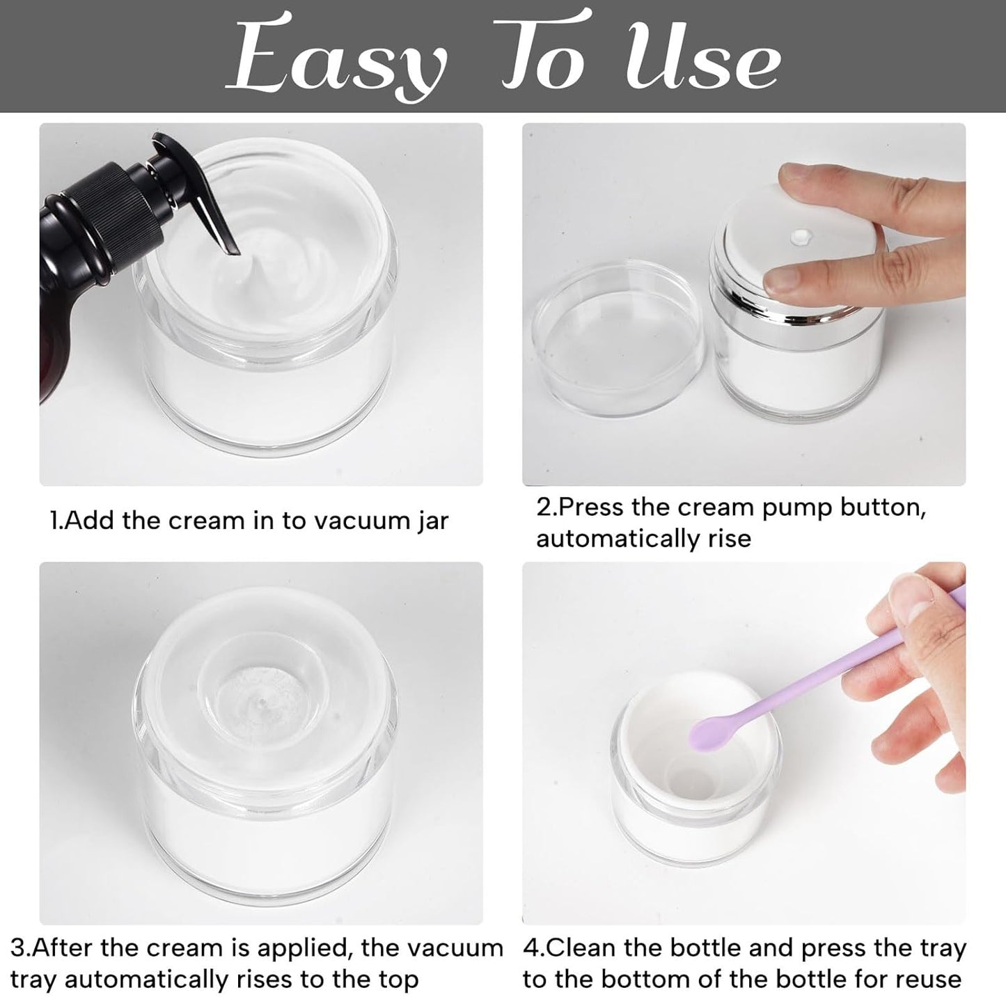 Airless Pump Jars Refillable Cosmetic Moisturizer Pump Botttles Travel Size for Cream, Gels and Lotion with Silicone Spatula (1oz)