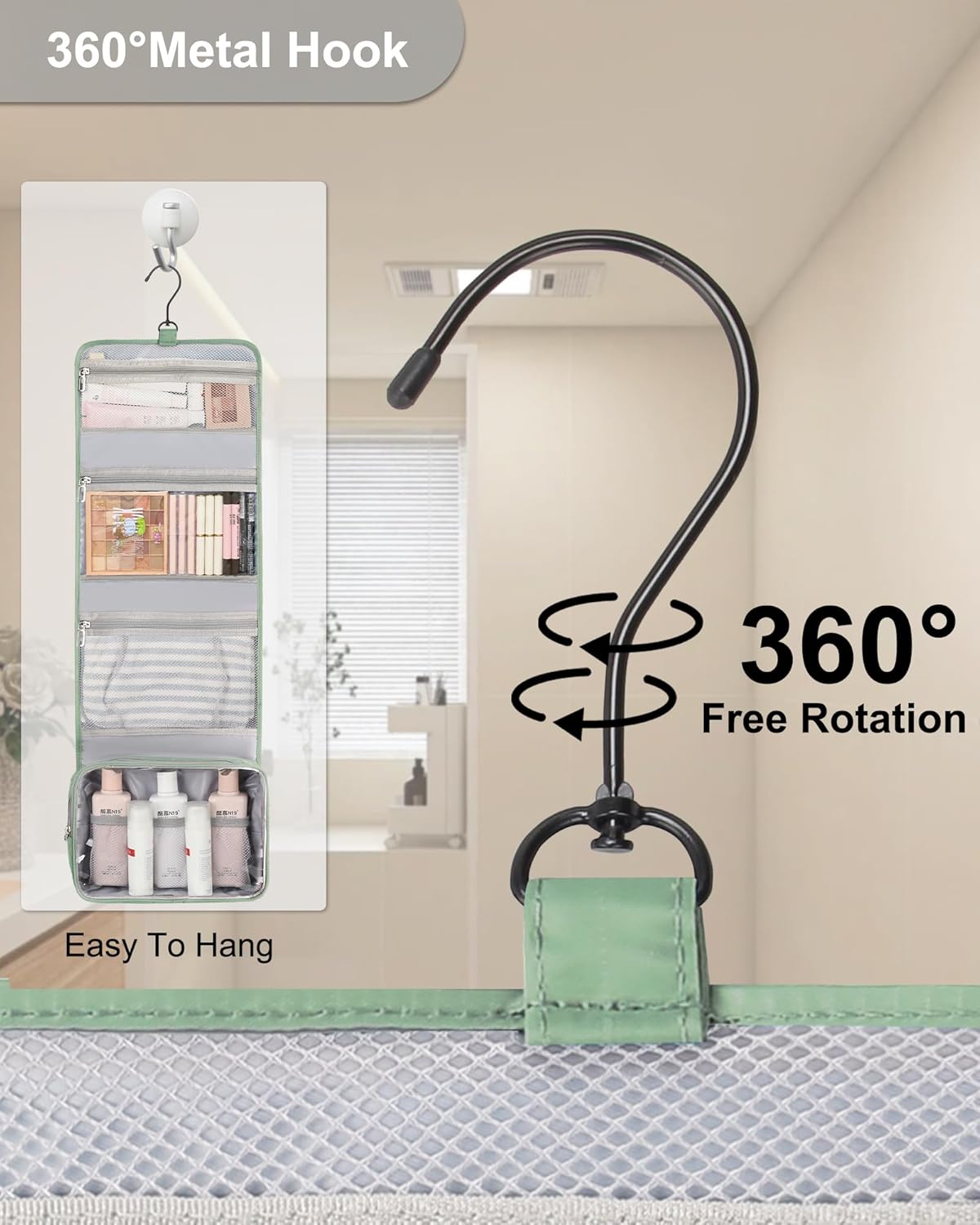 Relavel Travel Hanging Toiletry Bag for Men Women Travel Kit Shaving Bag Waterproof Large Makeup Bag Wash Bag Makeup Organizer Cosmetic Case for Bathroom Shower Green Pro