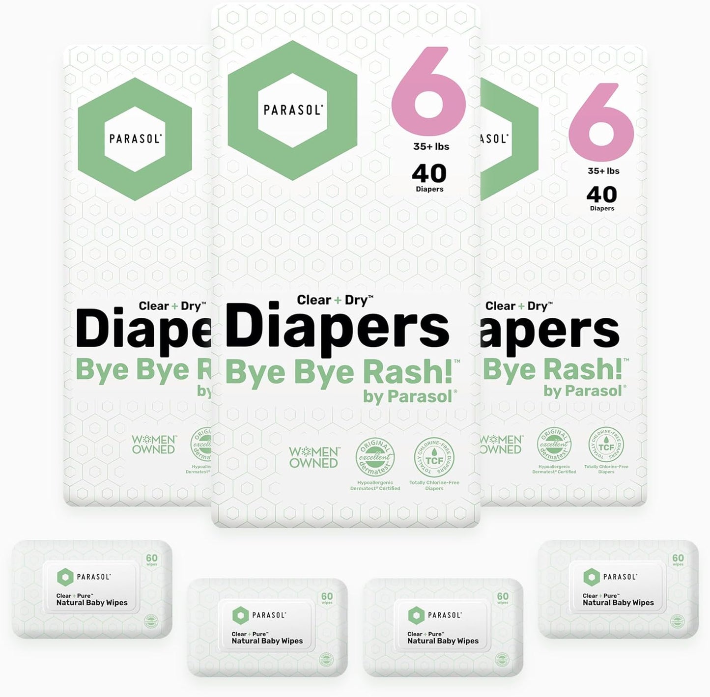 Parasol Clear+Dry Disposable Diapers and Clear+Pure Wipes, RashShield Protection, Size 6 (35 lbs and Up), Diaper Bundle of 120 Diapers & 240 Wipes