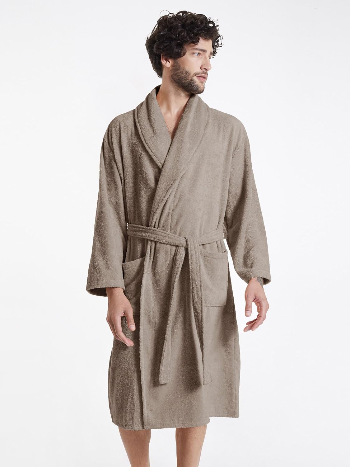 SIORO Mens Terry Bath Robe, Plush Hooded Cotton Cloth Knee-Length Robes for Spa, Shower, Soft Towel Bathrobes with Pockets