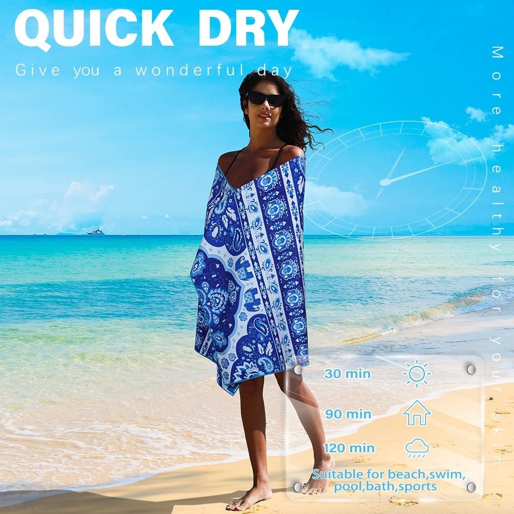 Microfiber Lightweight Beach Towel Sand Free Quick Dry Absorbent Thin Compact Towels for Swimming Pool Camping Beach Accessories Large Easy Pack Travel Things for Vacation Essentials Gift