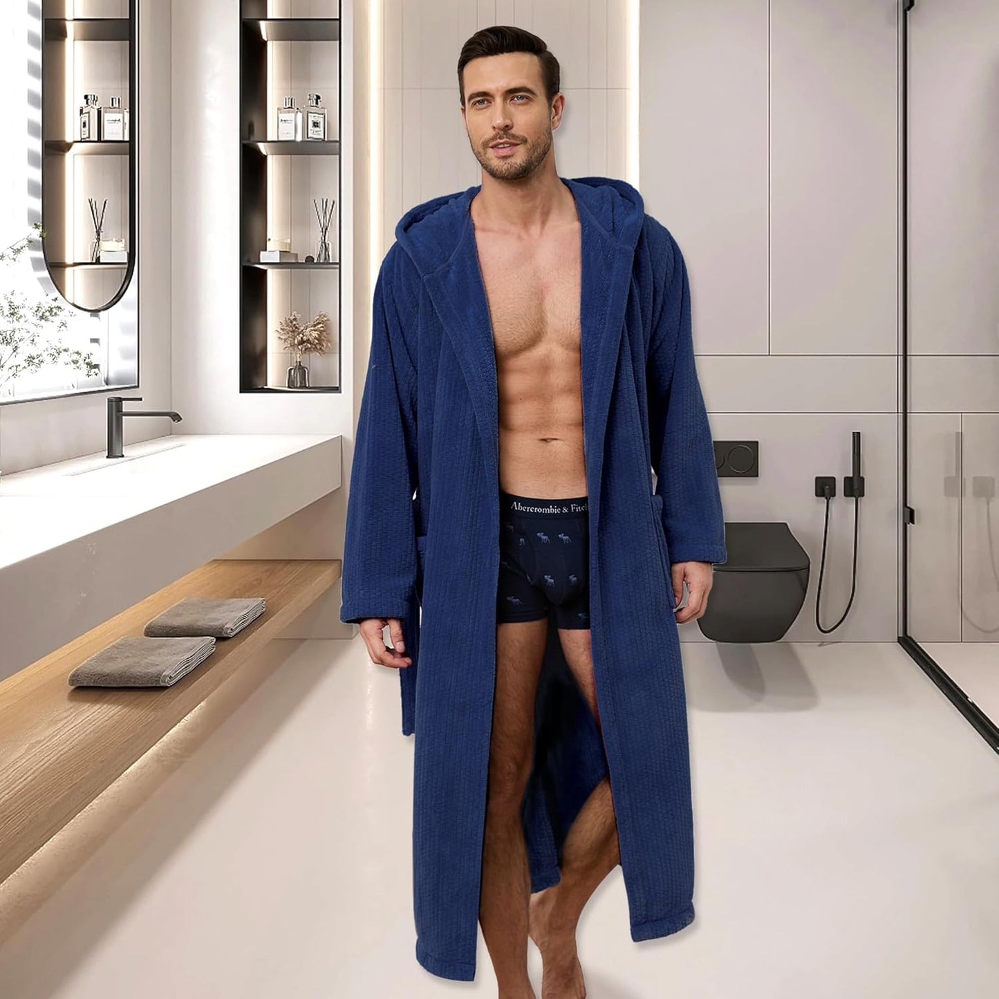 Men's Bathrobes with Hood, Soft Long Towel Robe for Men - Super Absorbent Quick Dry yet Warm