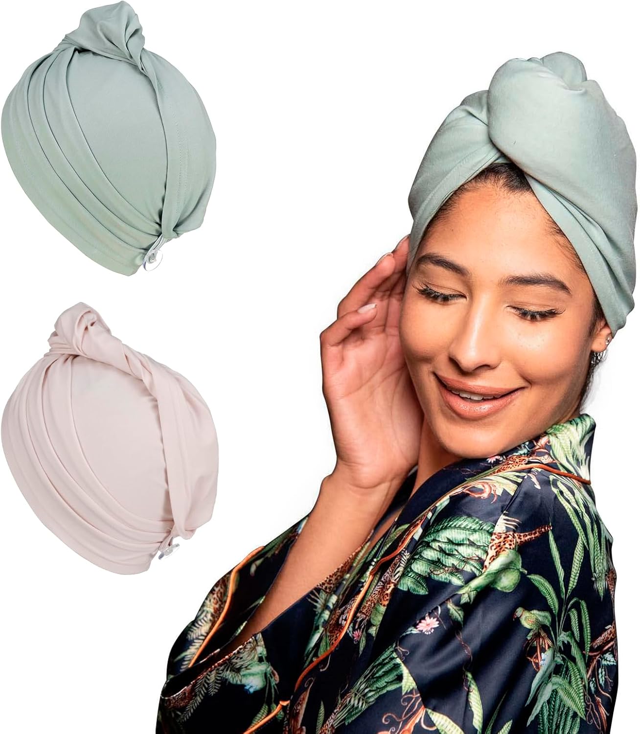 2 PCS Tee Shirt Drying Wrap, Frizz Free, Soft & Lightweight&Flexible, Hair Drying Turban, Gentle Drying Towel Wrap with Button, for Long Hair (Sage&Pink)