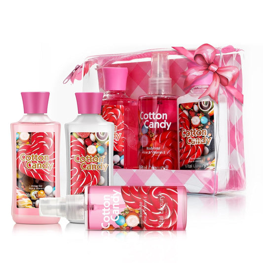 Bath & Body Travel Gift Set Cotton Candy Scented 3pcs Travel Size Shower Gel Body Lotion Fragrance Mist Christmas Birthday Gift TSA-Friendly for On-the-Go Self-Care