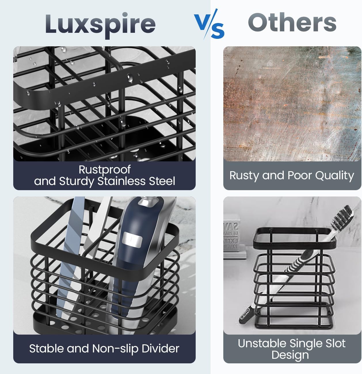 Luxspire Toothbrush Holders for Bathroom, Stainless Steel Electric Toothbrush Holder Wall Mounted, Shower Toothbrush Toothpaste Holder, Bathroom Organizer Essentials, 2 Slots, Black