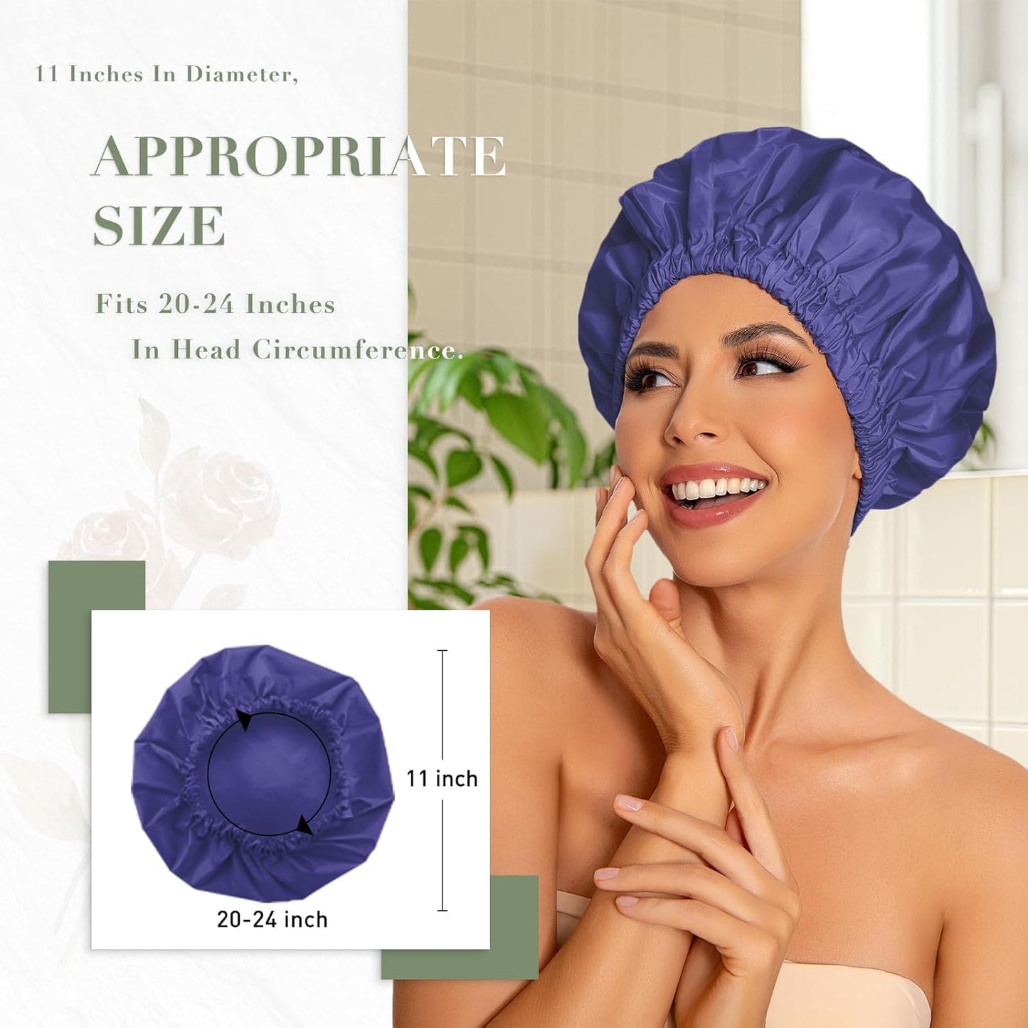 Reusable Shower Cap for Women, Large Waterproof Shower Essentials Bonnet Washable Elastic Band Bath Hair Wrap Hat for Long Hair, Braids(Dark Blue Purple)