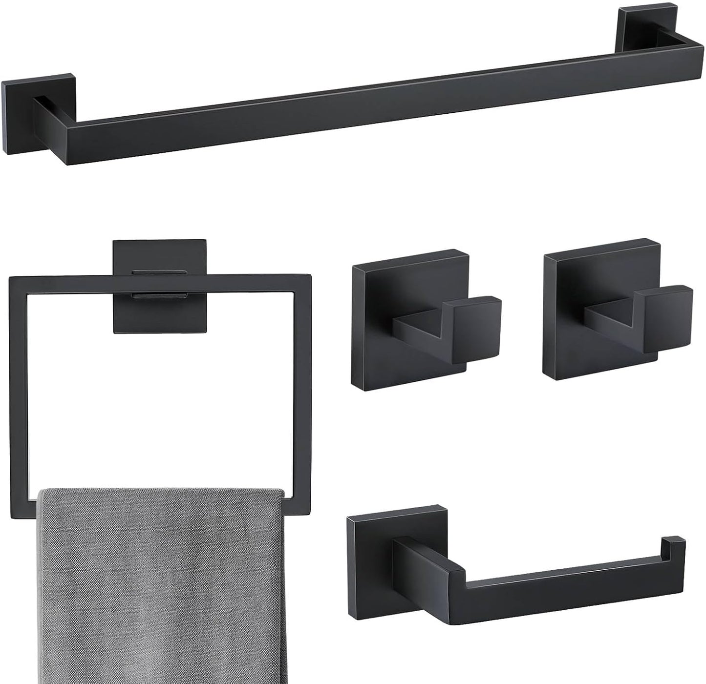 5 Pieces Bathroom Hardware Accessories Set Matte Black Towel Bar Set Towel Holder Racks Set for Bathroom,SUS304 Stainless Steel,Wall Mounted 23.6-Inch
