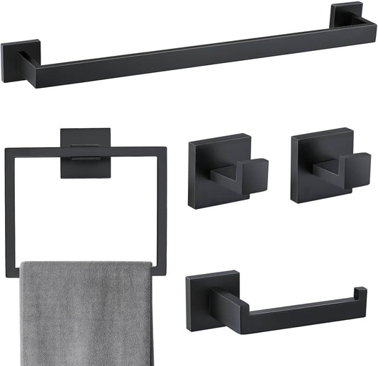 5 Pieces Bathroom Hardware Accessories Set Matte Black Towel Bar Set Towel Holder Racks Set for Bathroom,SUS304 Stainless Steel,Wall Mounted 23.6-Inch