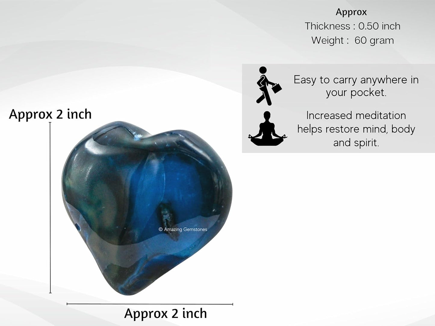 Blue Onyx Agate Crystal Heart Palm Stone - Pocket Massage Worry Stone for Natural Body Chakra Balancing, Reiki Healing and Crystal Grid