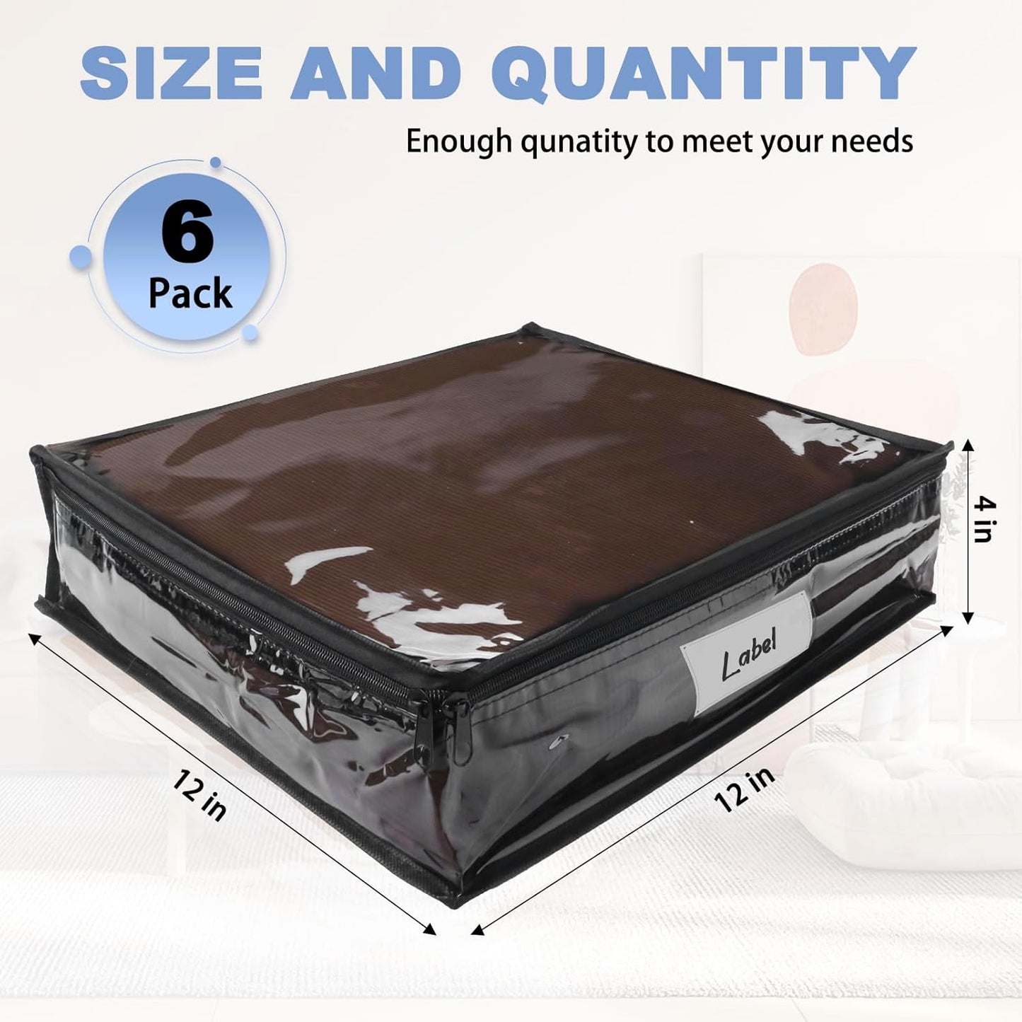 Clear Zippered Storage Bags Plastic Sweater Storage Bags with Zipper 6 Packs Clothing Organizer for Blankets Linen Sweater Bed Sheet Quilt Clothes Pillow (12 x 12 x 4 Inch, Black)