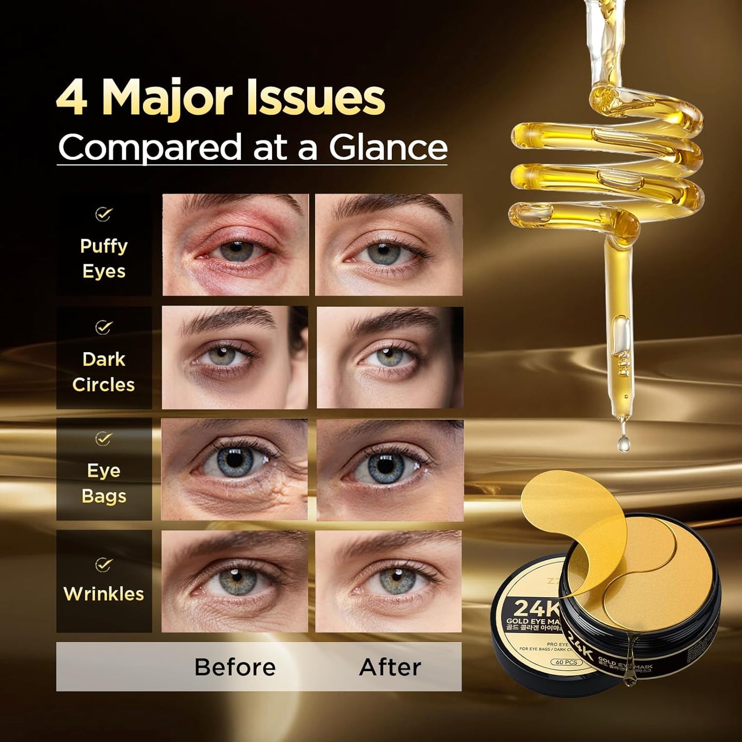 24k Gold Under Eye Patches - Firming, Glowing & Hydrating Hydrogel Mask for Puffy Eyes, Dark Circles, Wrinkles, Eye Bags Treatment, Gifts for Women and Men, 60Pcs Black