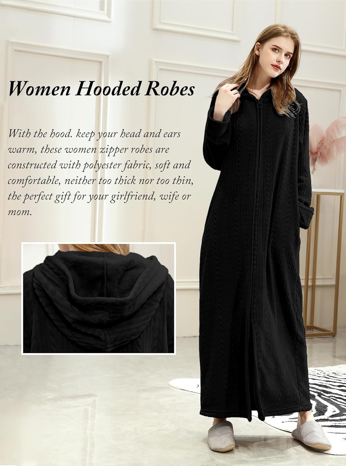 Hellomamma Long Hooded Zipper Bathrobe for Womens Flannel Fleece Robes Winter Warm Housecoat Nightgown Sleepwear Pajamas