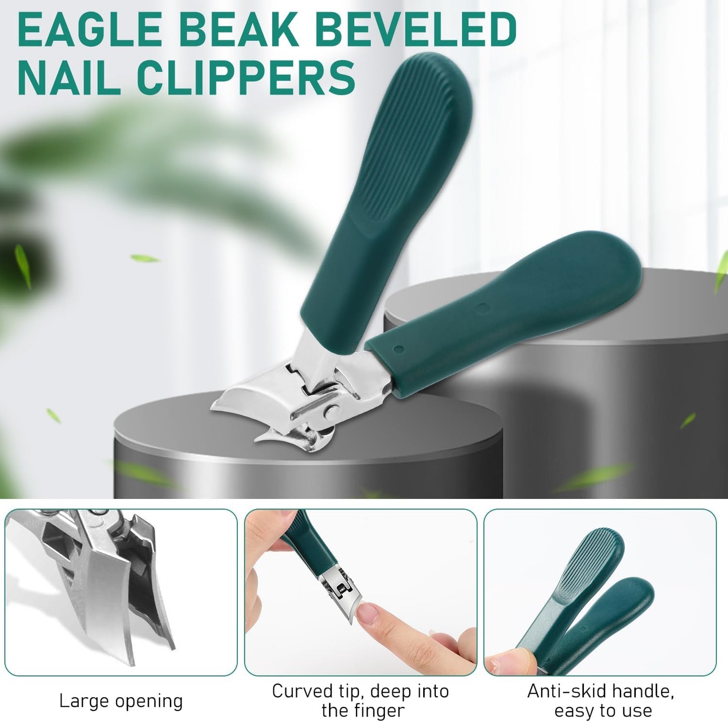 Eagle Beak Beveled Nail Clippers,Wide Jaw Opening Anti-Splash Slanted Nail Clipper,Slanted Jaw Ingrown Toenail Clippers for Thick Toenails (Green)