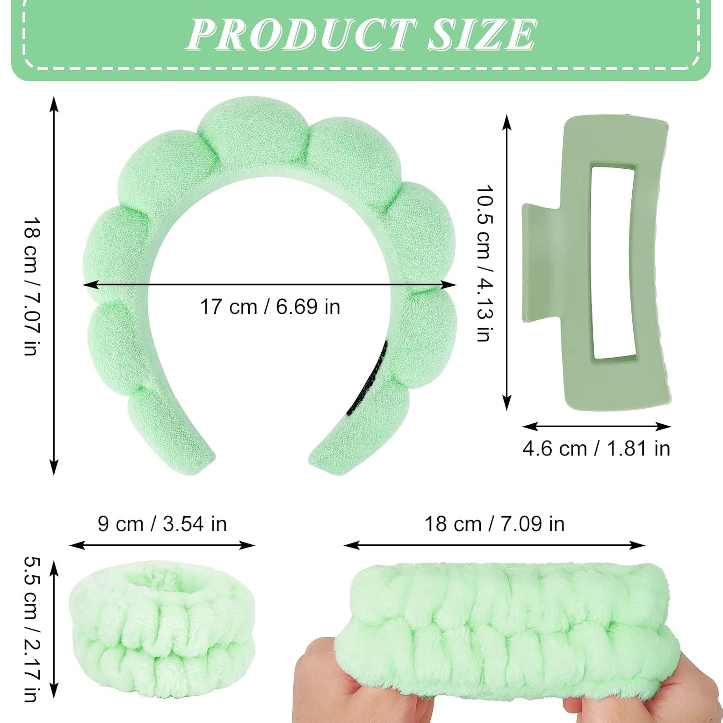 Wecoe Spa Headband And Wristband Set Skincare Headband For Washing Face Hair Claw Clips For Thick Hair Cute Green Puffy Sponge Makeup Bubble Head Band Wrist Towels Scrunchies For Women Girls