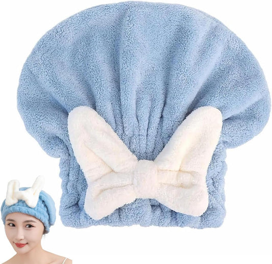 Ultra Absorbent Hair Quick Drying Towel for Women Girls New Microfiber Hair Towel Wrap Dry Turban Soft Bow Tie Plopping Head Towels Shower Cap for Kids (Blue)