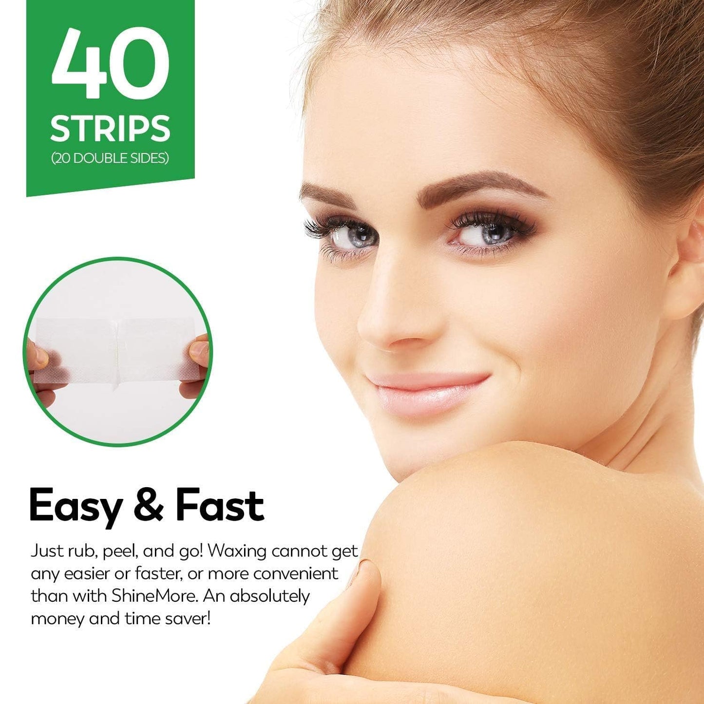 ShineMore Facial Wax Strips for hair removal - Hypoallergenic for All Skin Types - - Gentle and Fast-Working for Face, Eyebrow, Upper Lip, and Chin (40 Women Wax Strips + 4 Calming Oil Wipes NATURE NATION Ingredients )