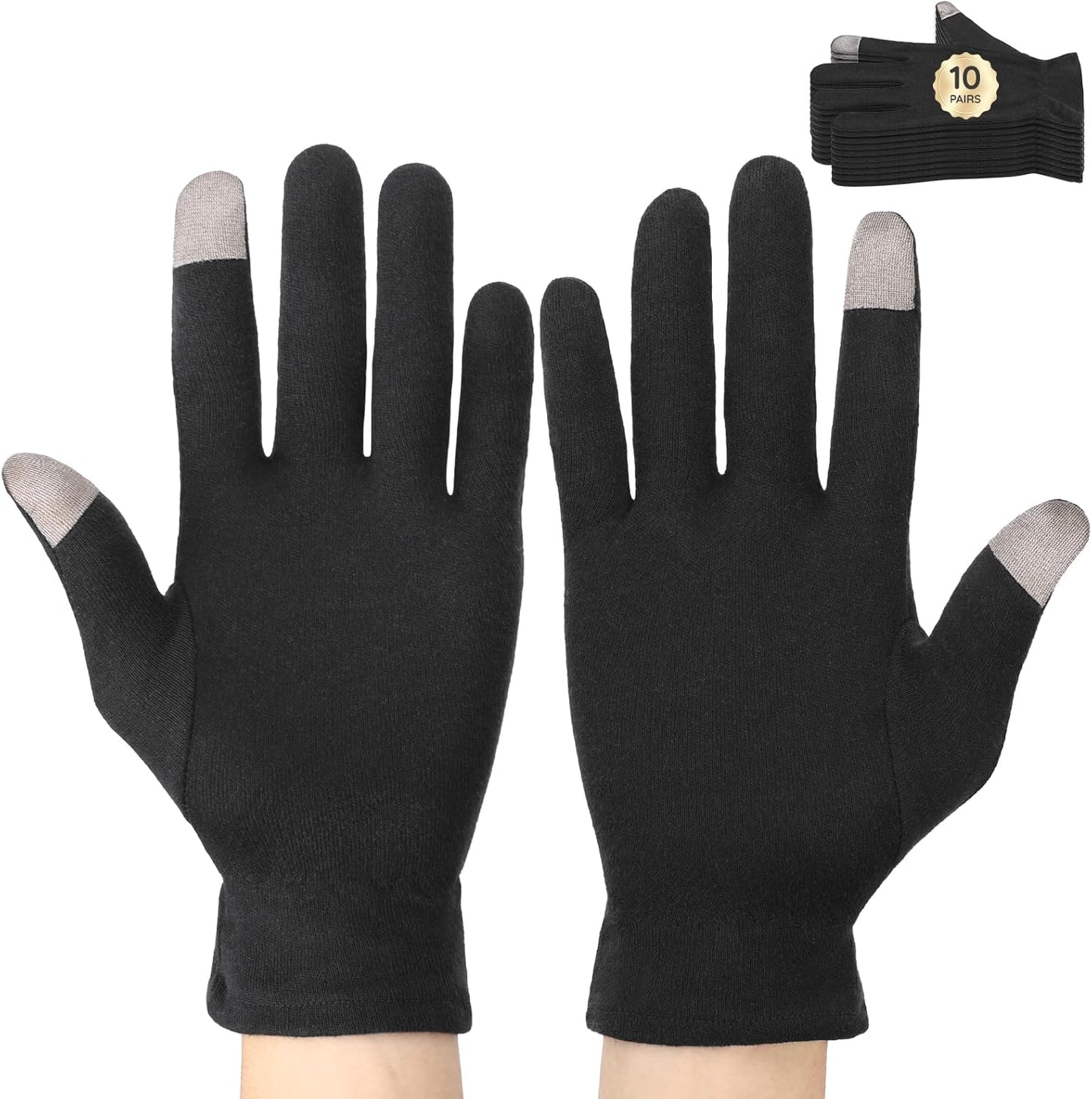 Segbeauty 20 Counts Elastic Cotton Work Gloves Black with Touchscreen Fingers, 10 Pairs Sleep Moisturizing Lotion Gloves Overnight for Women with Elastic Band, Gel Spa Cotton Work Glove for Arts Coins