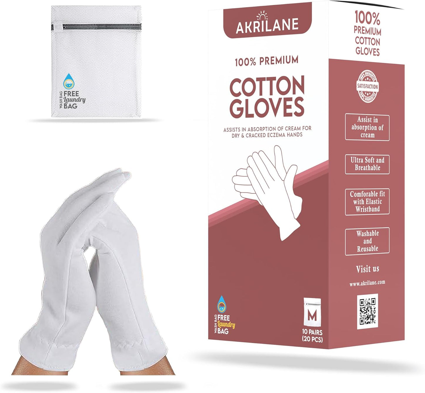M Medium 10 Pairs 100% Premium Cotton Gloves for Dry Hands | Moisturizing Overnight Gloves for Eczema, Psoriasis & Skin Spa Treatment for Women & Men | Washable & Reusable with Free Laundry Bag