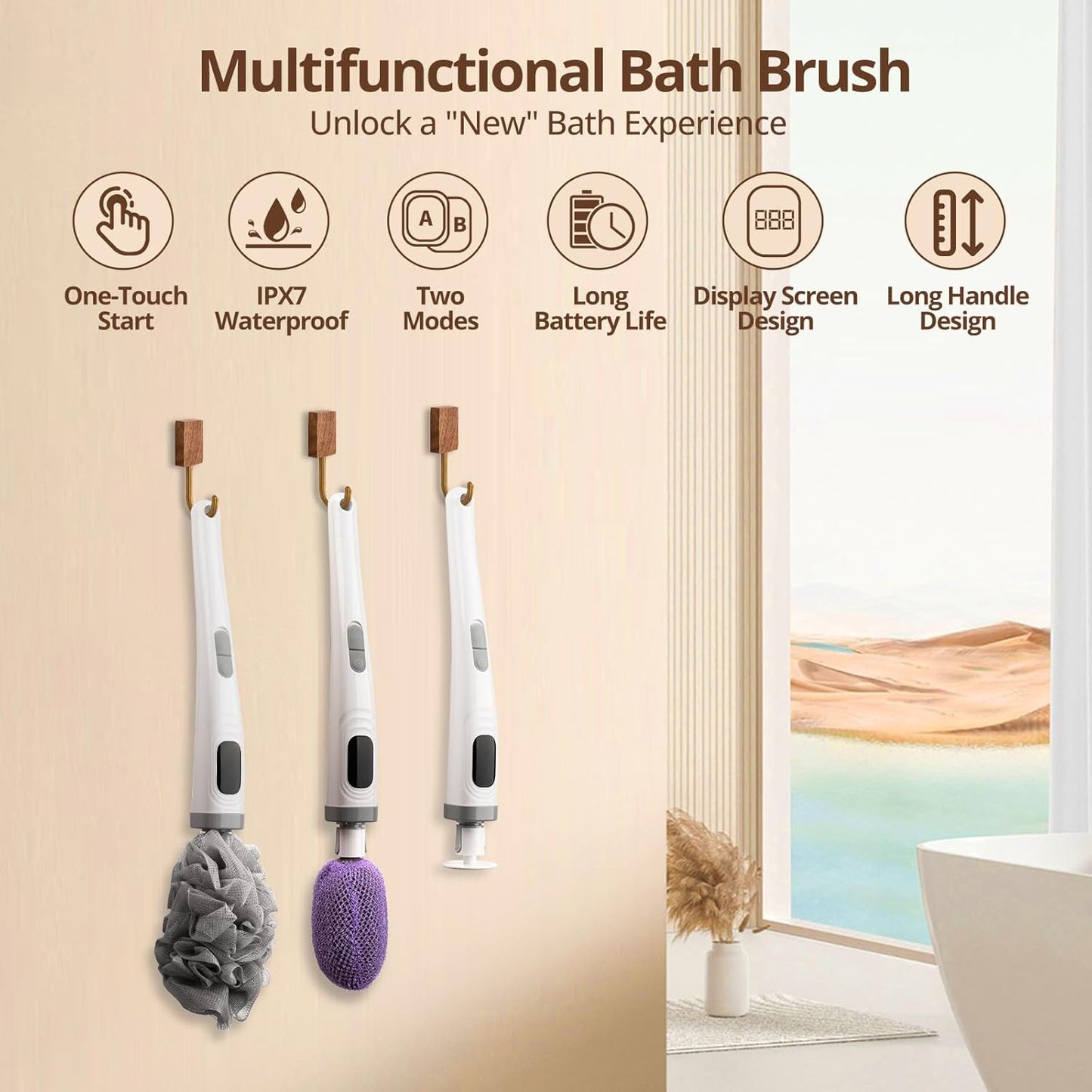 Electric Back Scrubber for Shower,African Net Sponge Long Handle Exfoliating Body Scrubber,IPX7 Waterproof Bath Brush with 3 Heads & 2 Speeds,for Cleansing, Exfoliating and Foot Callus Remover