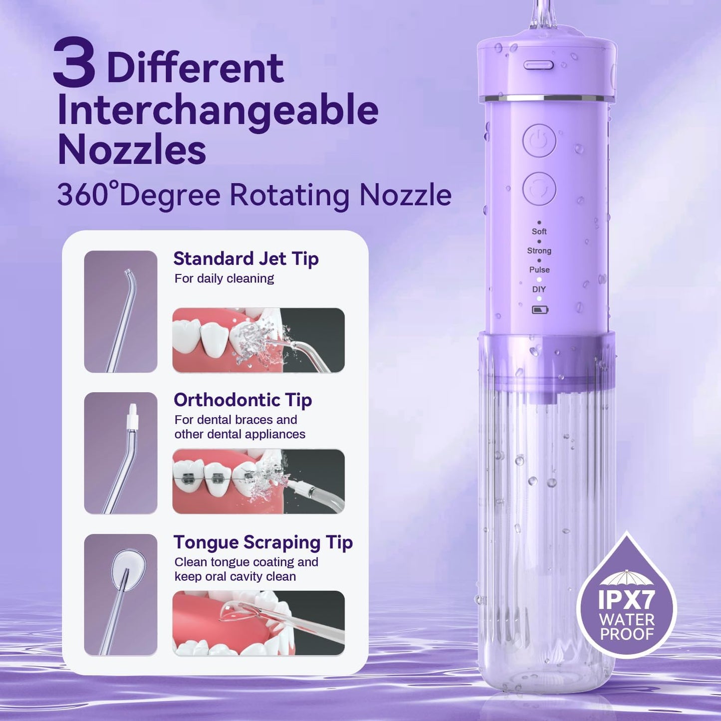 Portable Travel Water Flosser, Water Teeth Cleaner Pick,Mini Portable Oral Irrigator, Telescopic Water Tank, 5 Nozzles, IPX7 Waterproof, Cordless Water Flosser for Teeth, Gums