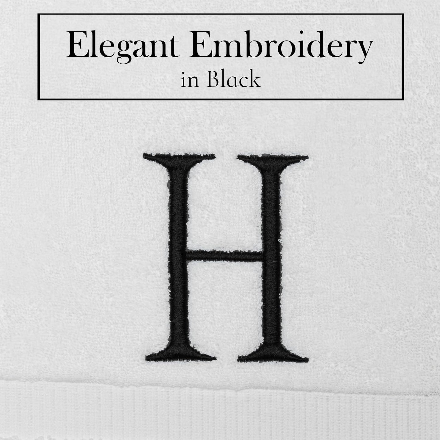 White and Black Monogrammed Hand Towel - Monogram Initial Hotel Quality Decorative Embroidered Luxury Towel for Powder Room, Spa - GOTS Organic Certified - Set of 2 Letter H